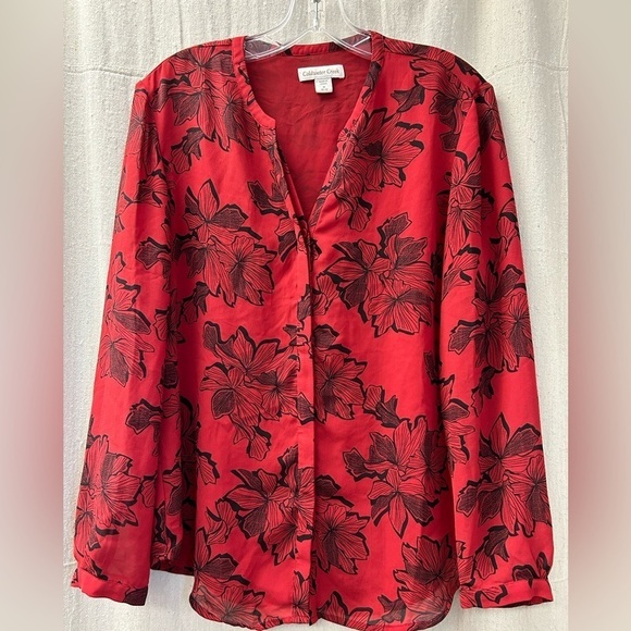 COLDWATER Creek/ Red/Blk Floral Longsleeve/ Blouse/ Size M / 10-12 - Picture 1 of 10